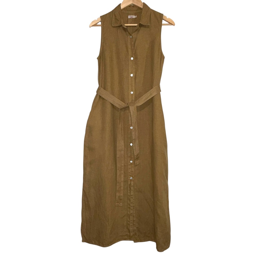 Faherty Shirt Dress Womens Linen Midi Excellent Belted Coastal Small Brown